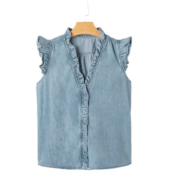 💙 NEW Beau Blue Frilly Ruffle Trim V-Neck Chambray Tank Top – Size XL - Picture 3 of 6